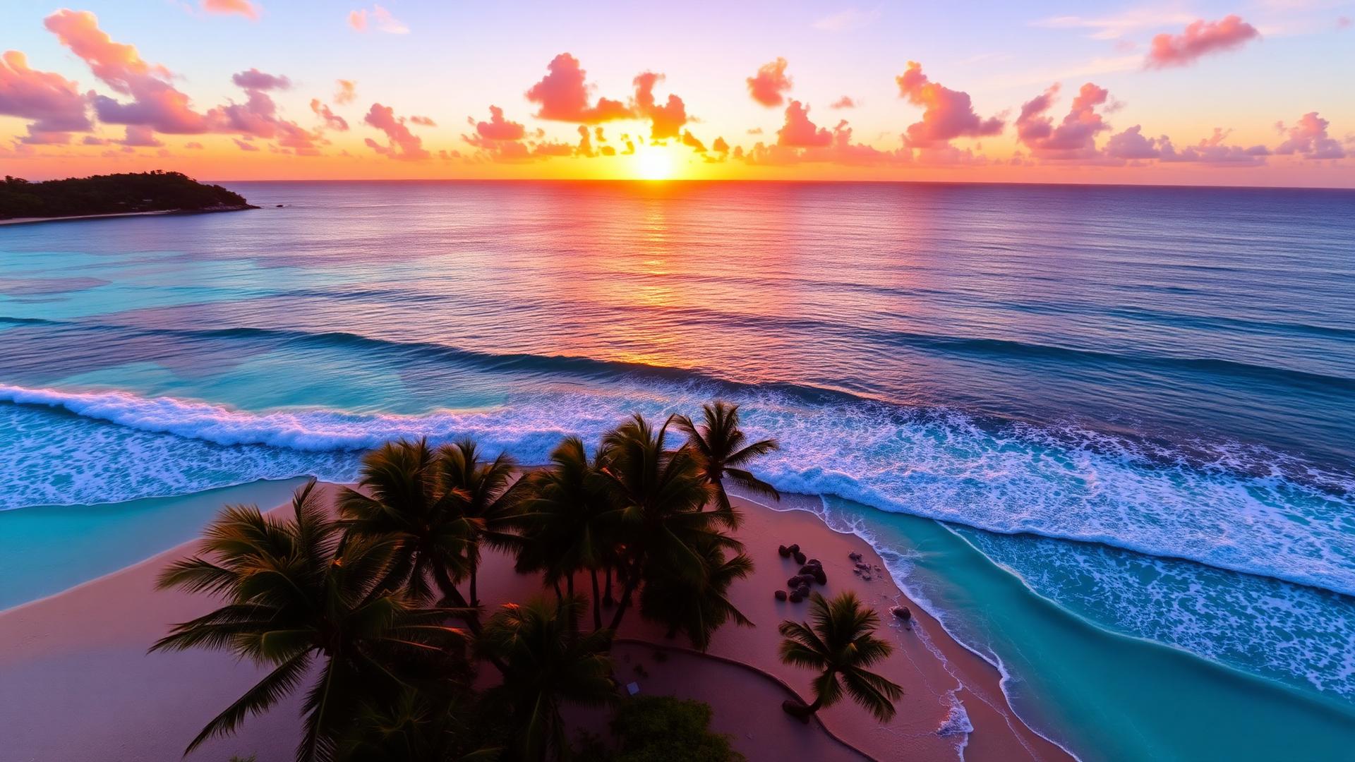 Tropical ocean sunset with palm trees